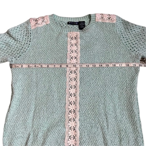 Architect Blue Crochet Open Knit Sweater White Lace Trim Lightweight Pullover L - Picture 5 of 7